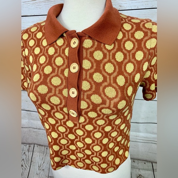 Zara Crop Collared Buttons Burnt Orange yellow Thin Soft Knit Top - Picture 9 of 11